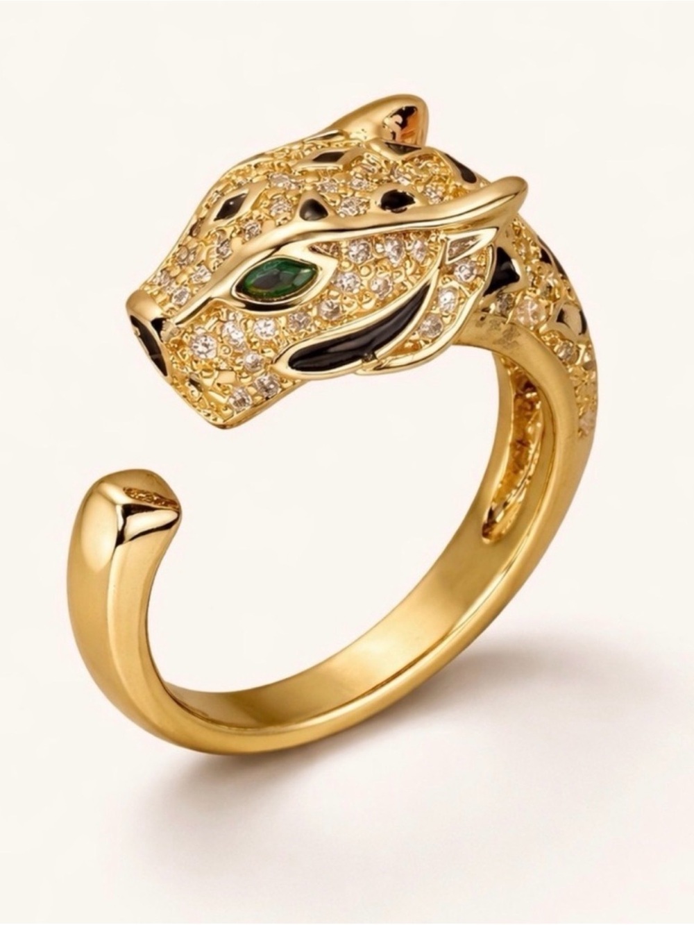 Panther Head Open Ring with Green Eye